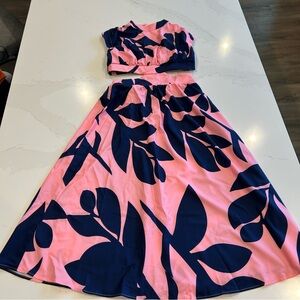 Pink & blue print sleeveless midi dress with cut out waist by Sanlanta.